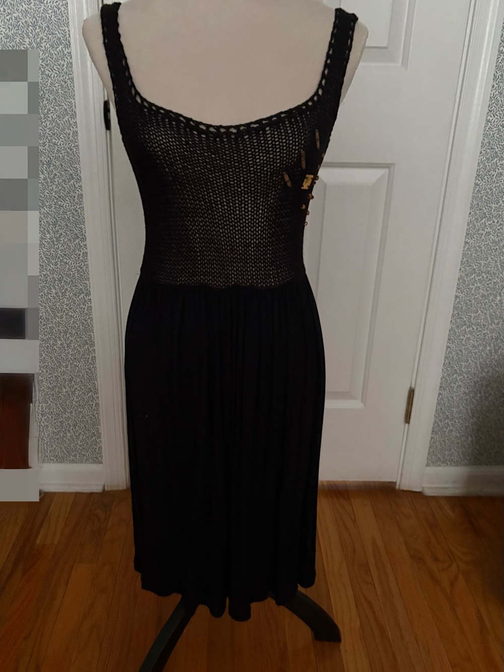 Black Crochet Bodice Midi Dress